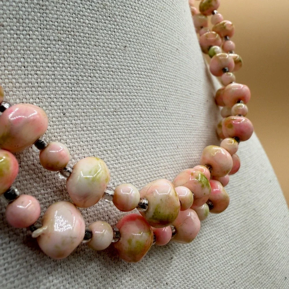 Pink Green Ceramic Bead Double Strand Necklace Cottagecore Boho Statement Gift